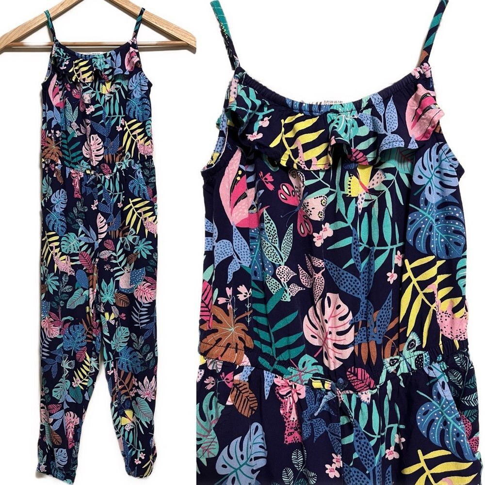 H&M Romper Blue Colorful Tropical Print Long Pants, Girl’s Size 7-8Y